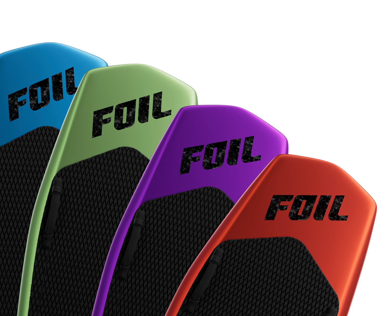 A display of 4 boards colored in FOIL's newest metallic color ways. From left to right, the colors are voltage, mantis, grape ape, and fuego.